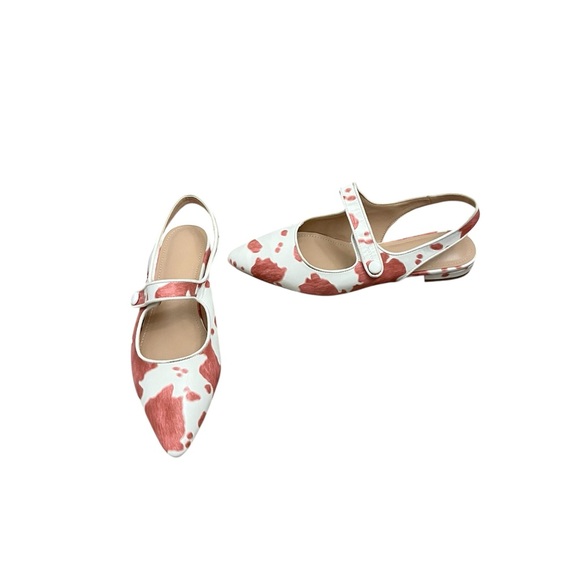 Stylish Women's Pink & White Cow Print Pointed Toe Mary Jane Flats Size: 7.5 - Picture 3 of 9